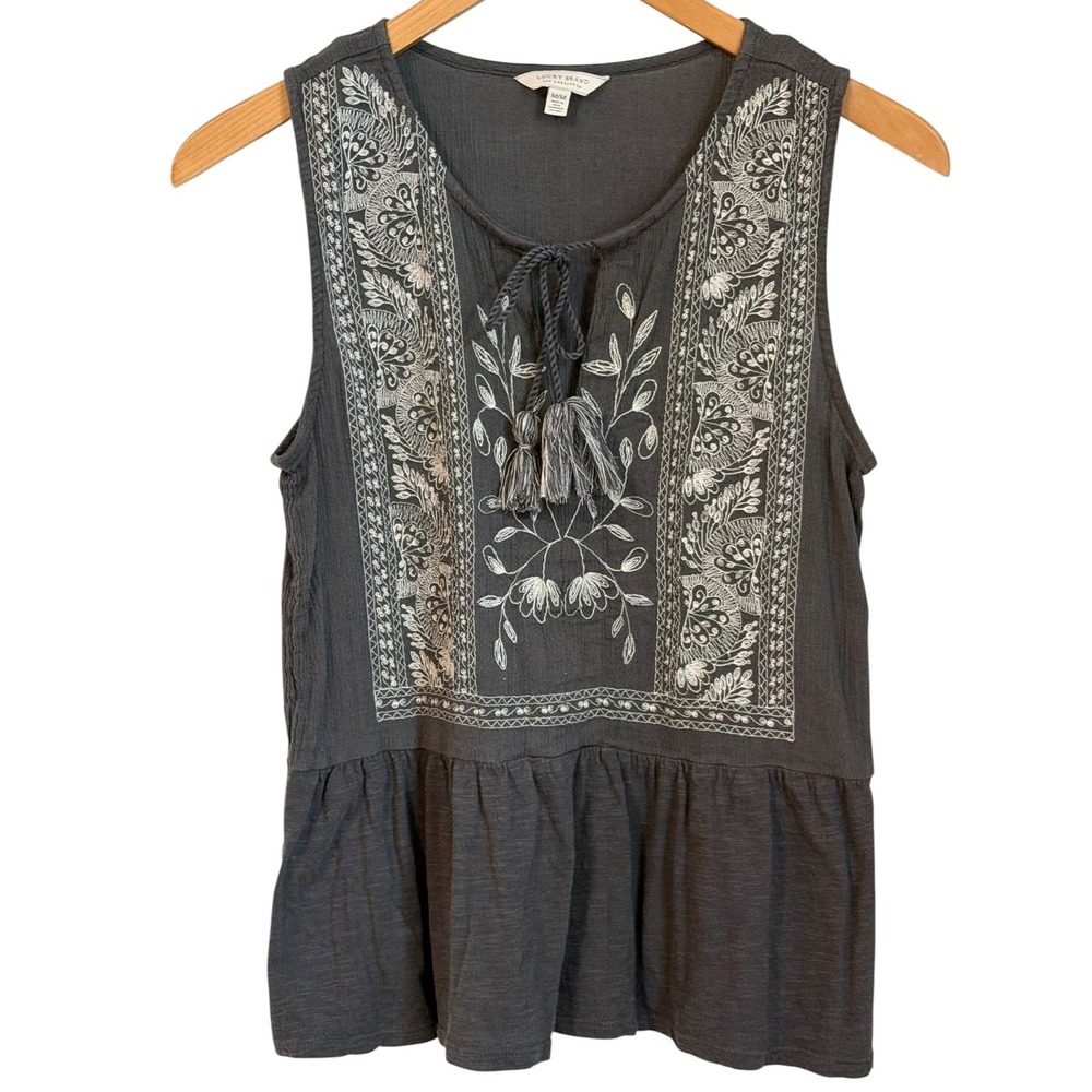 Lucky Brand Boho Embroidered Tank Top Womens M Grey Peplum Summer Festival Chic - Picture 2 of 12